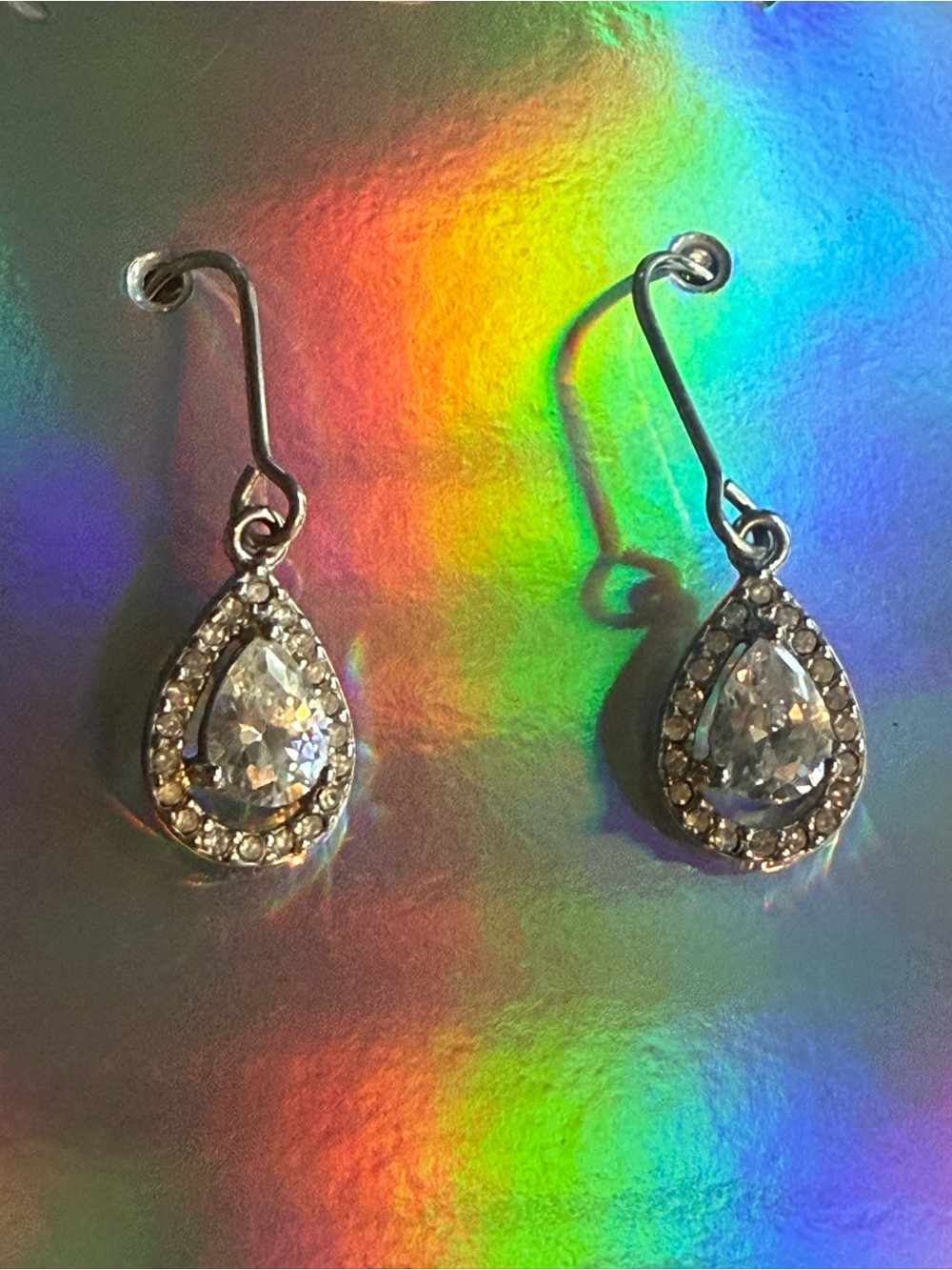 Silver Teardrop Crystal Dangle Earrings - Clear